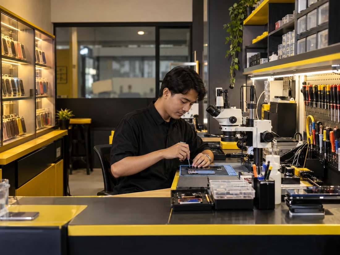 Ilustrasi workshop servis smartphone BananaTech